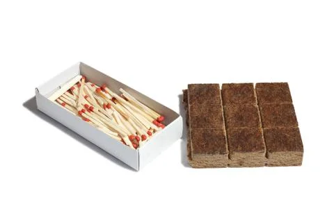 Objects for lighting fire, matches and tinder isolated  over white background Stock Photos