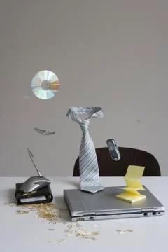 Objects in office floating in mid-air 写真素材