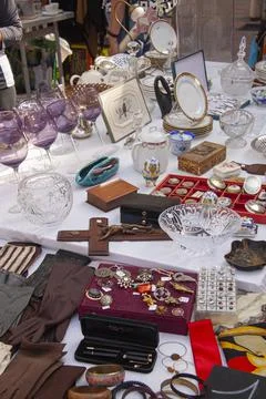 Objects at open air antique and flea market in Old Town of Nice Stock Photos