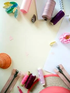 Objects in pastel color for creativity and needlework for the holiday Stock Photos