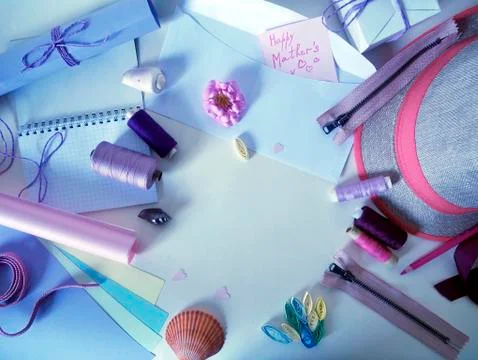 Objects in pastel color for creativity and needlework for the holiday Stock Photos