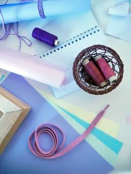 Objects in pastel color for creativity and needlework for the holiday Stock Photos