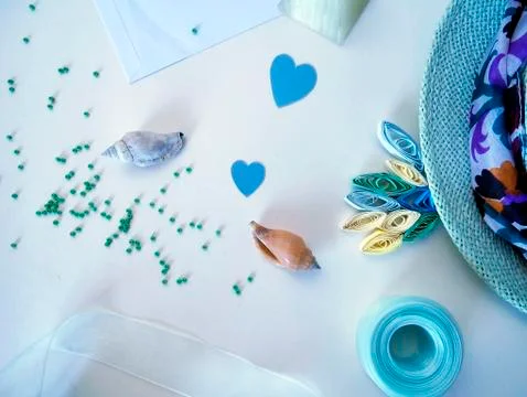 Objects in pastel color for creativity and needlework Stock Photos