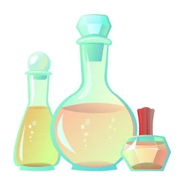 Objects Perfumes and scents. Still life. Fragrant aromatic liquid in glass Stock Illustration