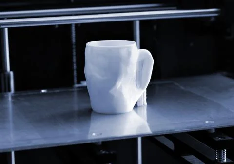 Objects printed by 3d printer. Automatic three dimensional 3d printer performs Foto stock
