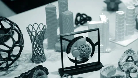 Objects printed by 3d printer Bright colorful object. Stock Footage 131077312