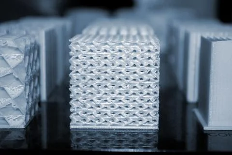 Objects printed on a 3d printer made of white plastic close-up. Stock Photos