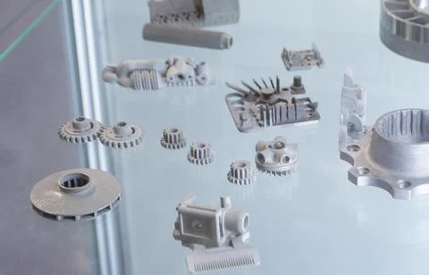 Objects printed on 3D printer from metal powder using Metal Jet technology. Foto stock