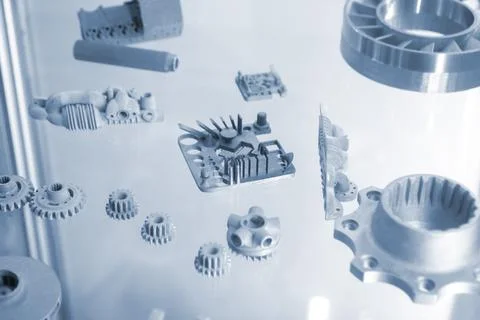 Objects printed on 3D printer from metal powder using Metal Jet technology. Foto stock