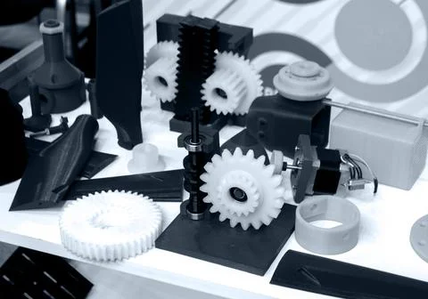 Objects printed on 3D printer from plastic close-up. New 3D printing technology. Stock Photos