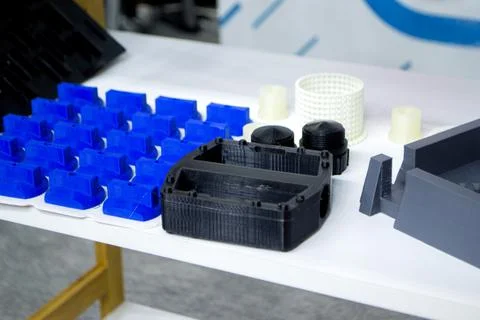 Objects printed on 3D printer from plastic close-up. New 3D printing technology. Stock Photos