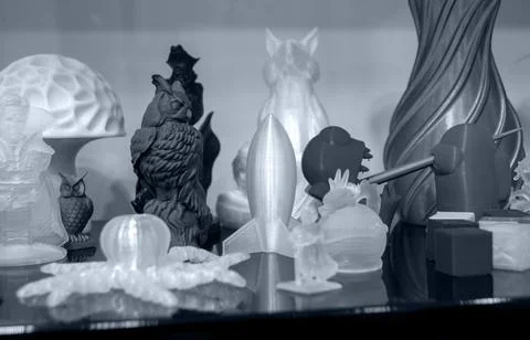 Objects printed on 3D printer from plastic close-up. New 3D printing technology. Stock Photos