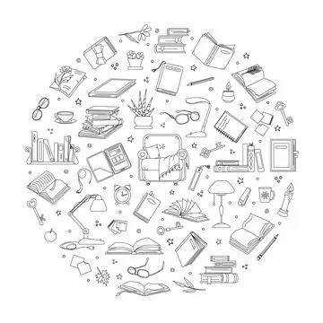 Objects on reading topic in round composition 스톡 일러스트