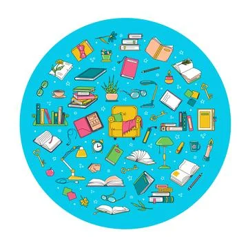Objects on reading topic in round composition Stock Illustration