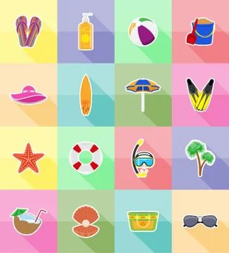 Objects for recreation a beach flat icons vector illustration Stock Illustration