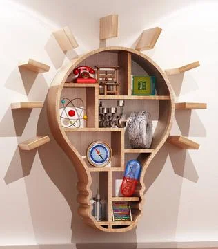 Objects representing important inventions in history standing on lightbulb... 스톡 사진