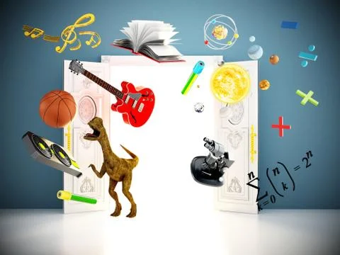 Objects representing school subjects flying out of the door. 3D illustration 库存插图