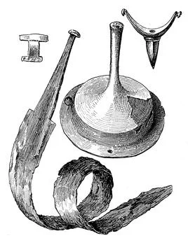 Objects from the Roman period from the left a bronze brooch an iron sword was 库存插图