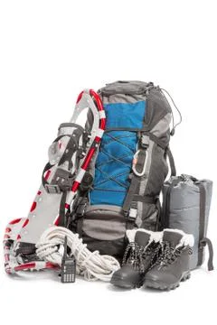 Objects set for extreme winter trip to the mountains is isolated Stock Photos