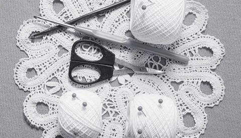 Objects for sewing. Scissors and pins. Hanks thread on mat. Pins Stock Photos