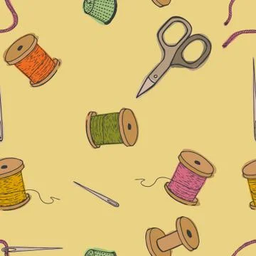 Objects Sewing. Seamless pattern background. The set of items for embroidery. Illustrazione stock
