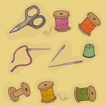 Objects Sewing vector. Threads, thimble scissors, needles. Illustrazione stock