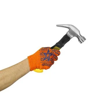 Objects tool hands action - Hand in working glove holds hammer. Isolated Stock Photos