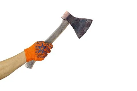 Objects tool hands action - Hand in working glove holds axe. Isolated Stock Photos