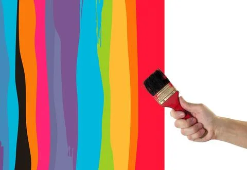 Objects tool hands action - A painter hand holds a brush draws colored abst.. Stock Photos