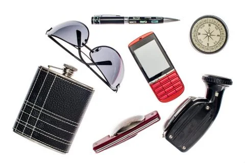 Objects for travel isolated on white background: compass, glasses, pen, fan, Stock Photos
