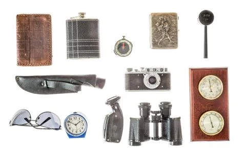 Objects for travel in the recent past, isolated on white background. Stock Photos