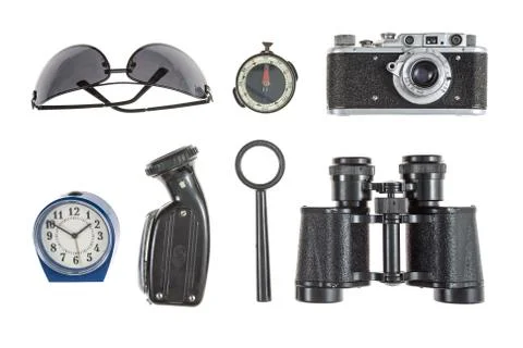 Objects for travel in the recent past, isolated on white background. Stock Photos