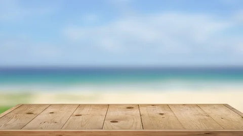 Objects, Wood table on beach sea in summer sun background. Stock Footage 112645001