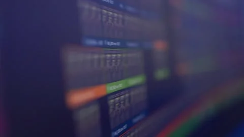 Oblique closeup of colorful software interface across diagonal screen with Stock Footage 347869149