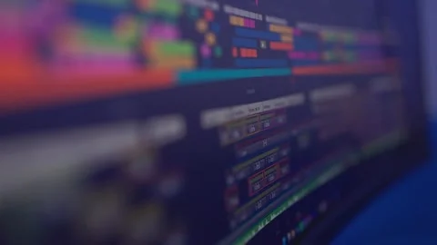 Oblique closeup of colorful software interface across diagonal screen with Stock Footage 347869159
