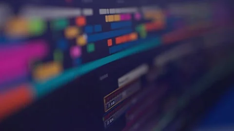 Oblique closeup of colorful software interface across diagonal screen with Stock Footage 347869160