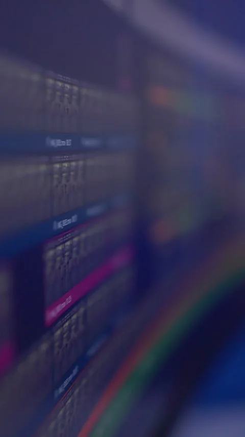Oblique closeup of colorful software interface across diagonal screen with Stock Footage 347869375
