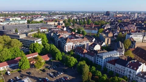 Oblique drone forward flight over Heyritz district and CeA headquarters in Stock-Footage 339057814