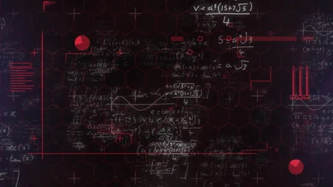 Oblique light beam entering sweeping hex grid, animating formulas, red shapes Stock Footage 315543124