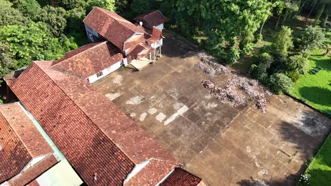 Oblique top-down orbit of Benedictine monastery chapel, Dak Lak, Vietnam 库存影片 340256697