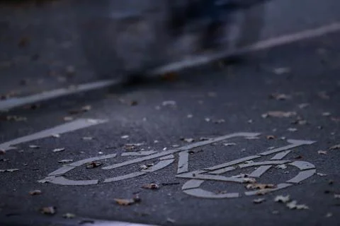 Oblique view on cycle path in early sunny morning light with a fast bicycle Stock Photos