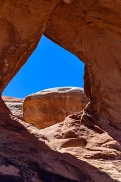 Oblique view of Double O Arch. Arches National Park, Utah, MOAB Fotos de archivo