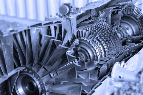 Oblique view of jet engine cross section with a blue tint Stock Photos