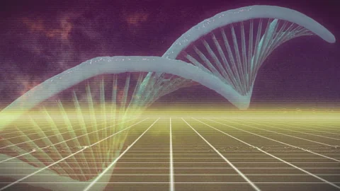 Oblong shapes drifting over grid forming rotating double helix with golden beam Stock-Footage 313639653