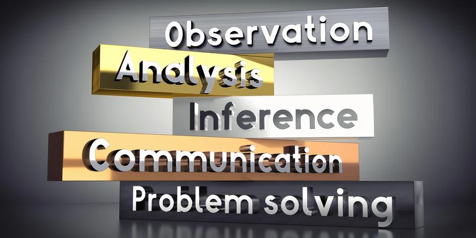 Observation, analysis, inference, communication, problem solving - 3D illus.. Illustrazione stock