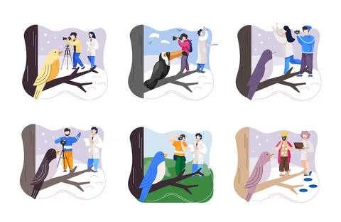 Observation of animals in wild. Ecologists scientists conduct research, take Stock Illustration