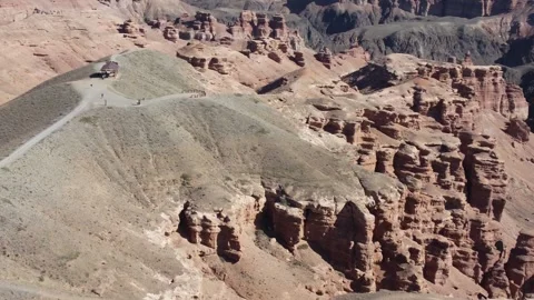 Observation deck and red cliffs, Martian Charyn Canyon, Kazakhstan Stock Footage 336104204
