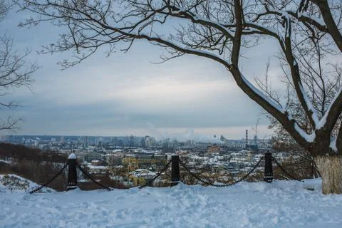 Observation deck and view on winter town cityscape Stock Photos