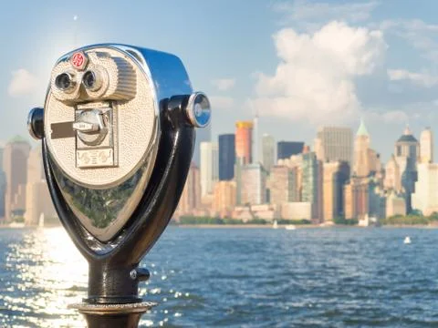 Observation deck with binoculars looking at the New York skyline Stock Photos