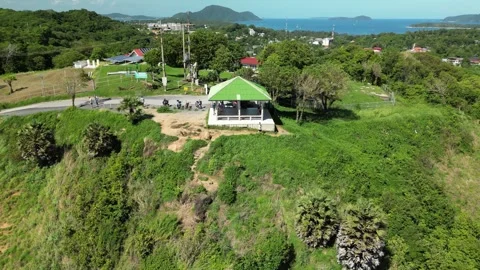 Observation deck on a hill overlooking the sea. Drone video Video stock 303141247